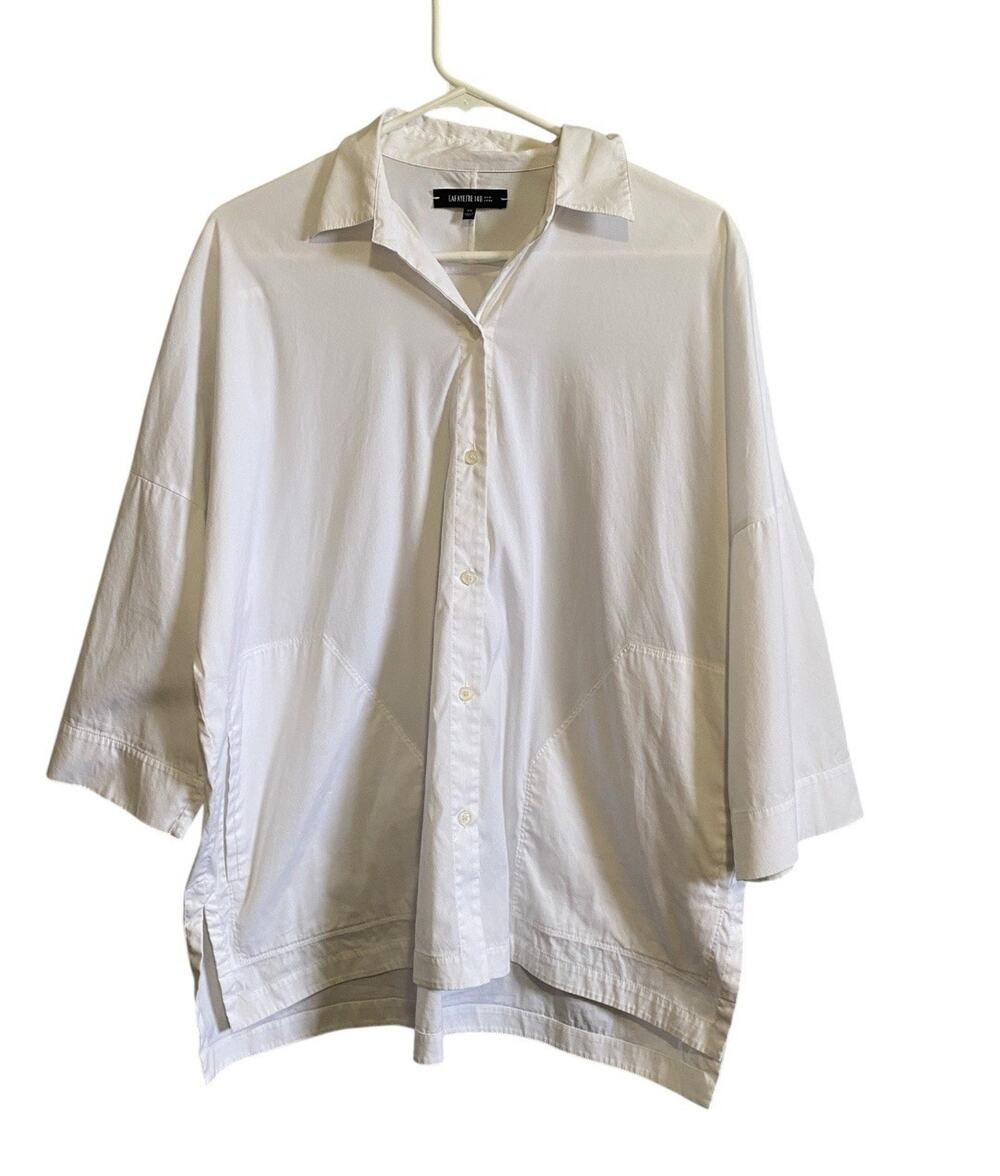 Lafayette 148 White 3/4 Sleeve Button Front Blouse Small Cotton Blend Oversized